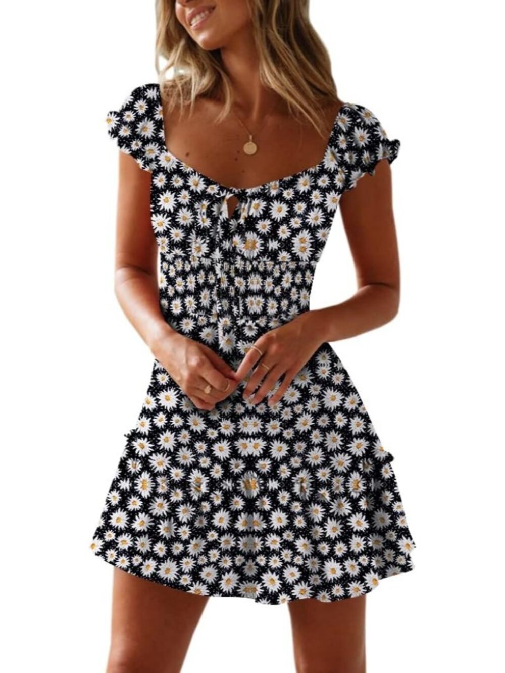 Women's Black Summer Ruffle Sleeve Sweetheart Neckline Printing Dress Mini